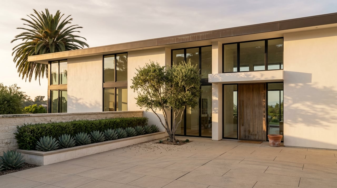 Modern hillside home with warm-white stucco, black-framed glazing, a teak entry door, and an olive tree in the courtyard.