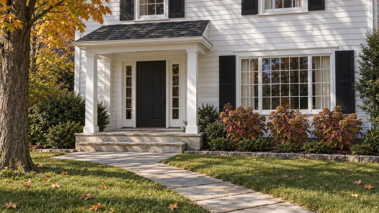 White clapboard home with black shutters, limestone entry steps and an autumn lawn beneath a mature sugar maple.