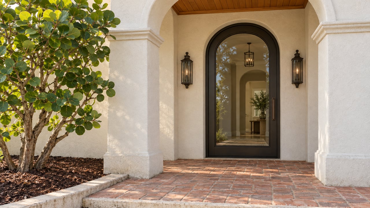 Close view of an arched dark-framed glass entry door beneath a wood ceiling, with white stucco piers, terracotta pavers and a sea grape specimen beside a limestone-edged planting bed.