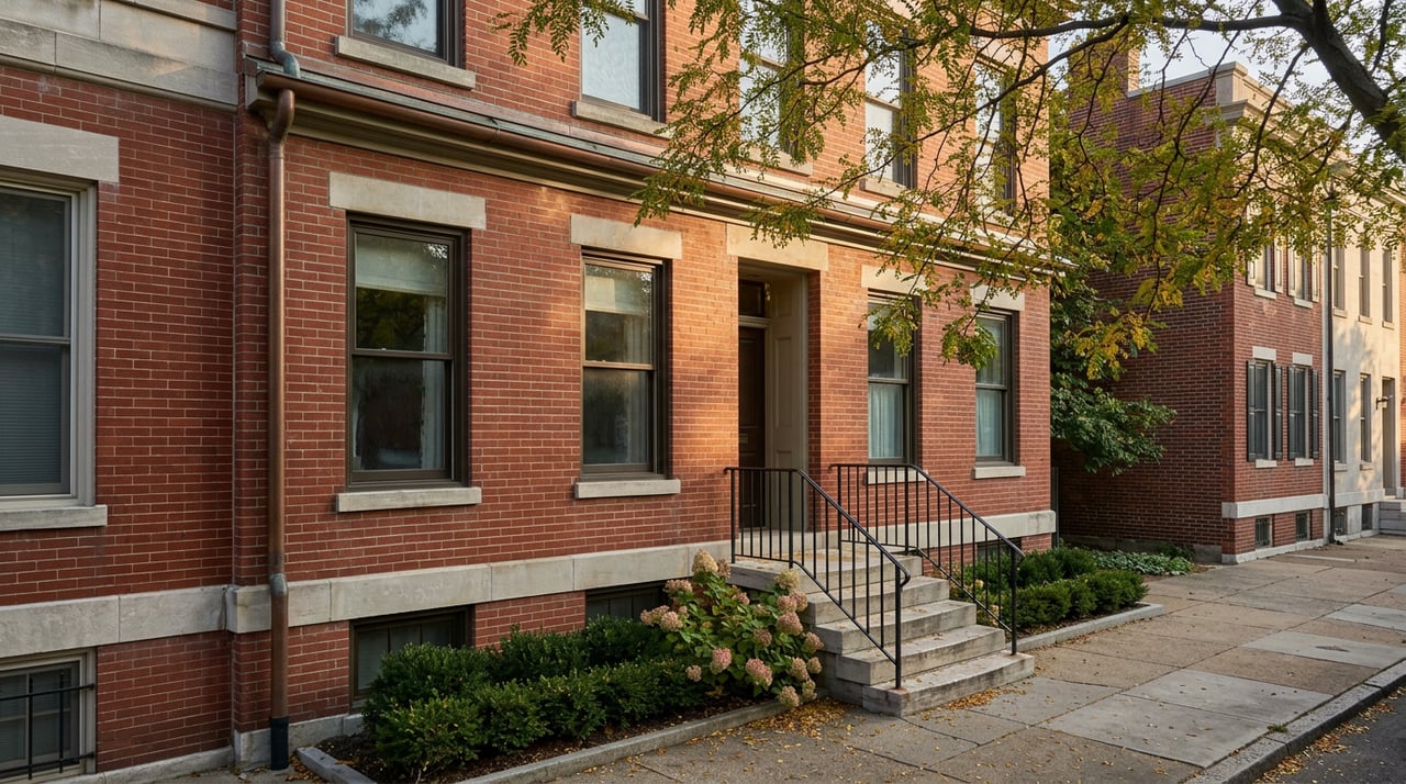 A red-brick rowhouse with limestone trim, raised stone stoop, and thinning honeylocust leaves overhead.