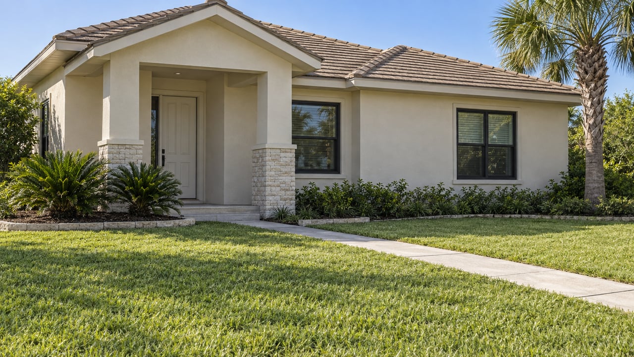 Ivory stucco home with a recessed entry, dark-framed windows, tile roof, and a concrete path across the lawn.