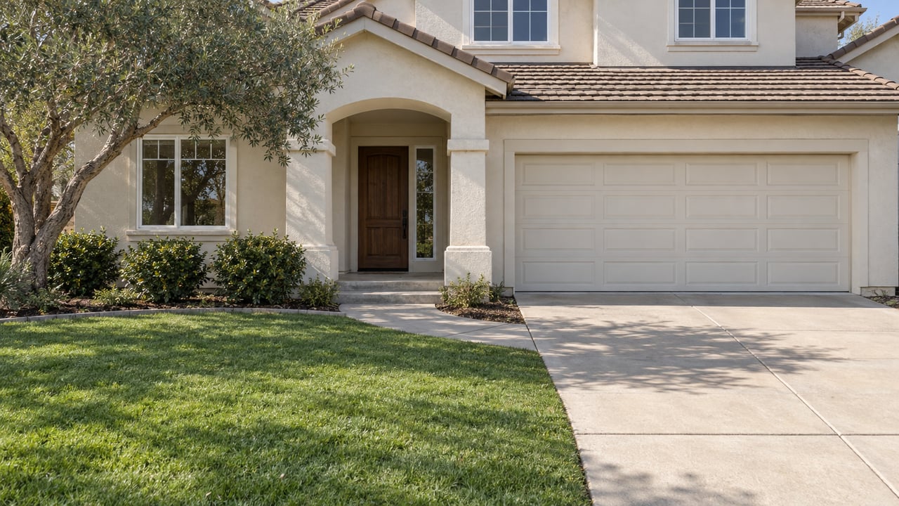 Two-story stucco home with a tiled roof, double garage, shaded entry, and front lawn.