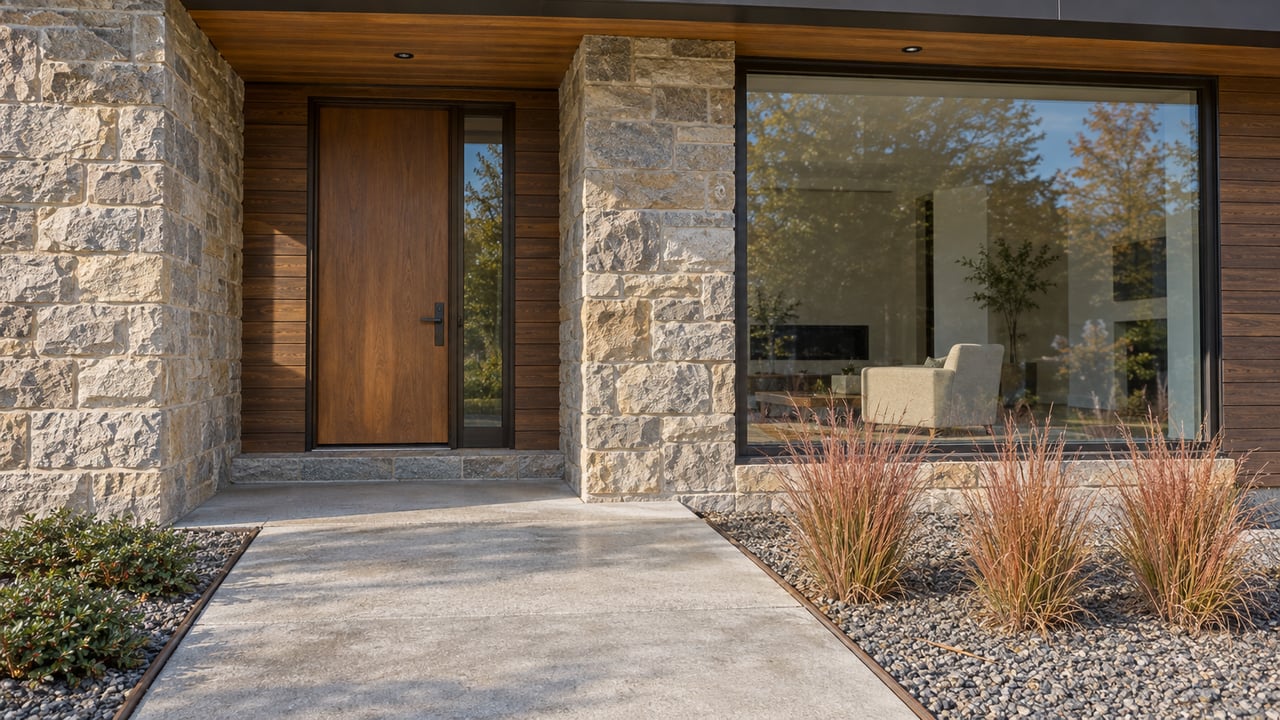Contemporary home's sheltered wood entry and large window, with sandstone masonry and autumn grasses beside a concrete approach.