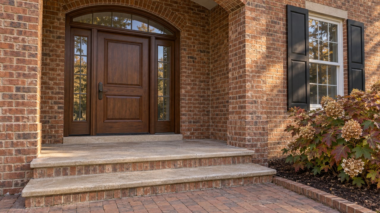 Brick home's arched entry with a walnut door, glazed sidelights, limestone steps and autumn oakleaf hydrangea.