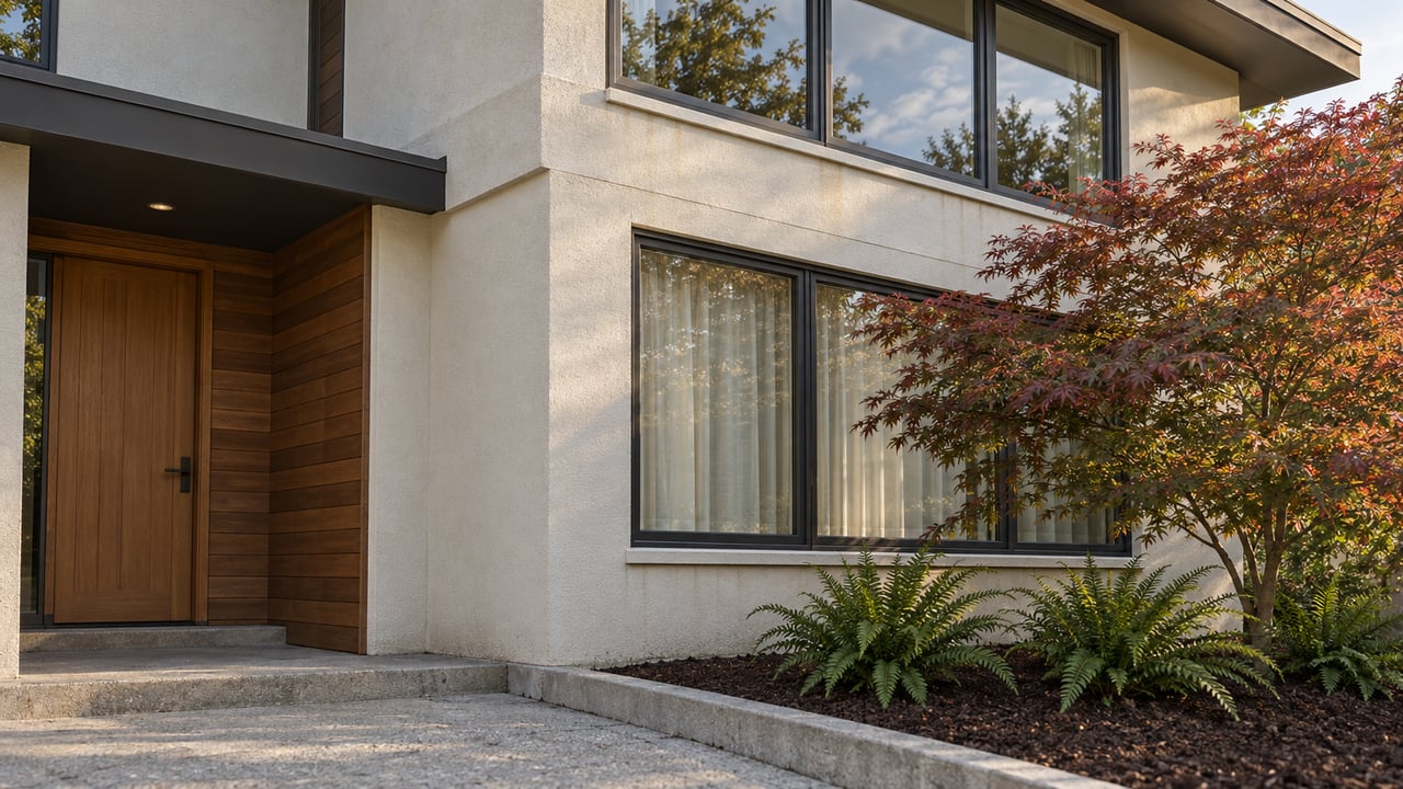 Close view of a light-stucco condominium facade with charcoal window frames, cedar entry recess and a Japanese maple beside an edged concrete landing.