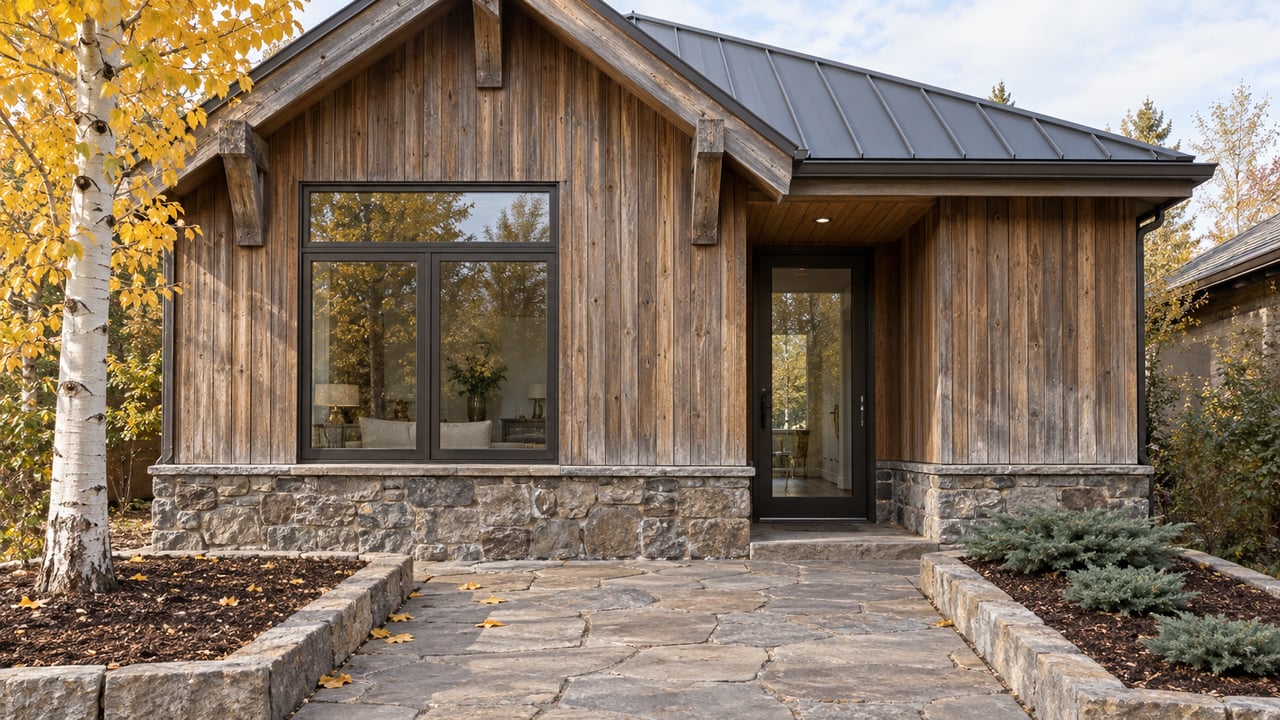 Timber-clad home with a steep metal gable, stone base, bronze-framed windows and a sandstone approach beside a golden-leaved aspen.