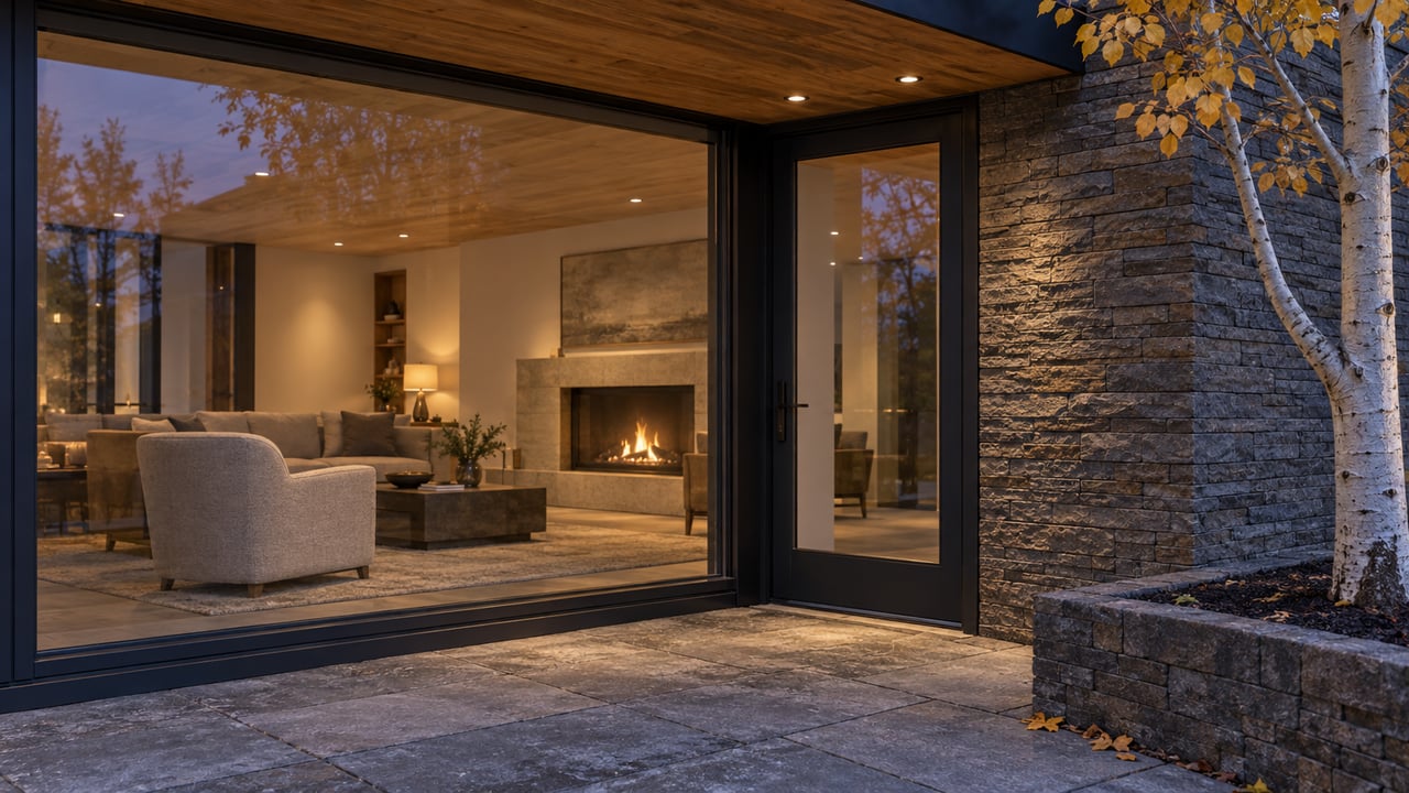 Warm light glows through black-framed glass beside a natural stone pier, timber soffit and pale autumn tree on a stone terrace.