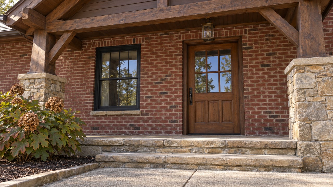 Brick home entrance with a wooden door, timber porch roof, stone columns, and broad stone steps.