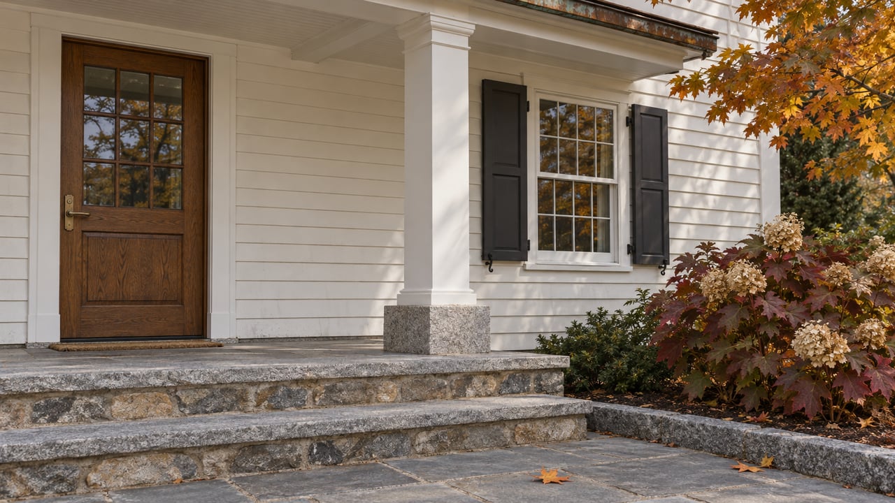 Autumn light across a white clapboard entry with an oak door, dark shutters, and worn granite steps.