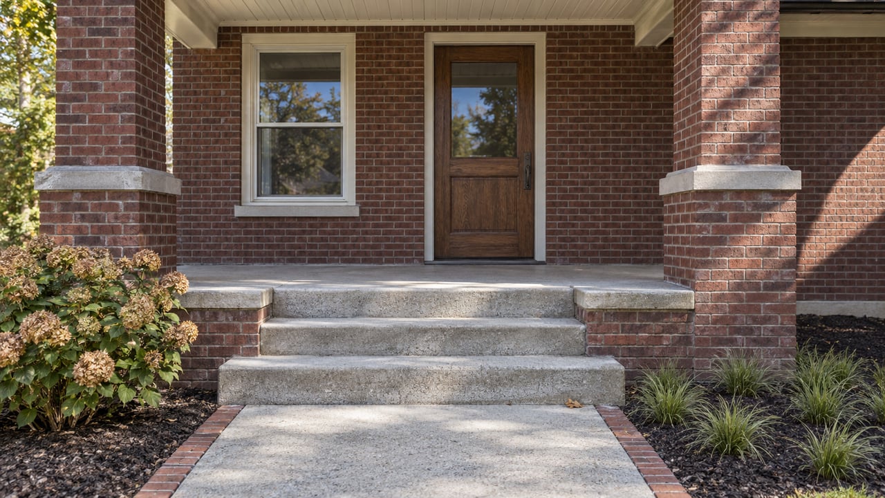 Autumn daylight on an older brick home's covered porch, oak entry door and worn concrete steps, with hydrangea and sedge beside the approach.