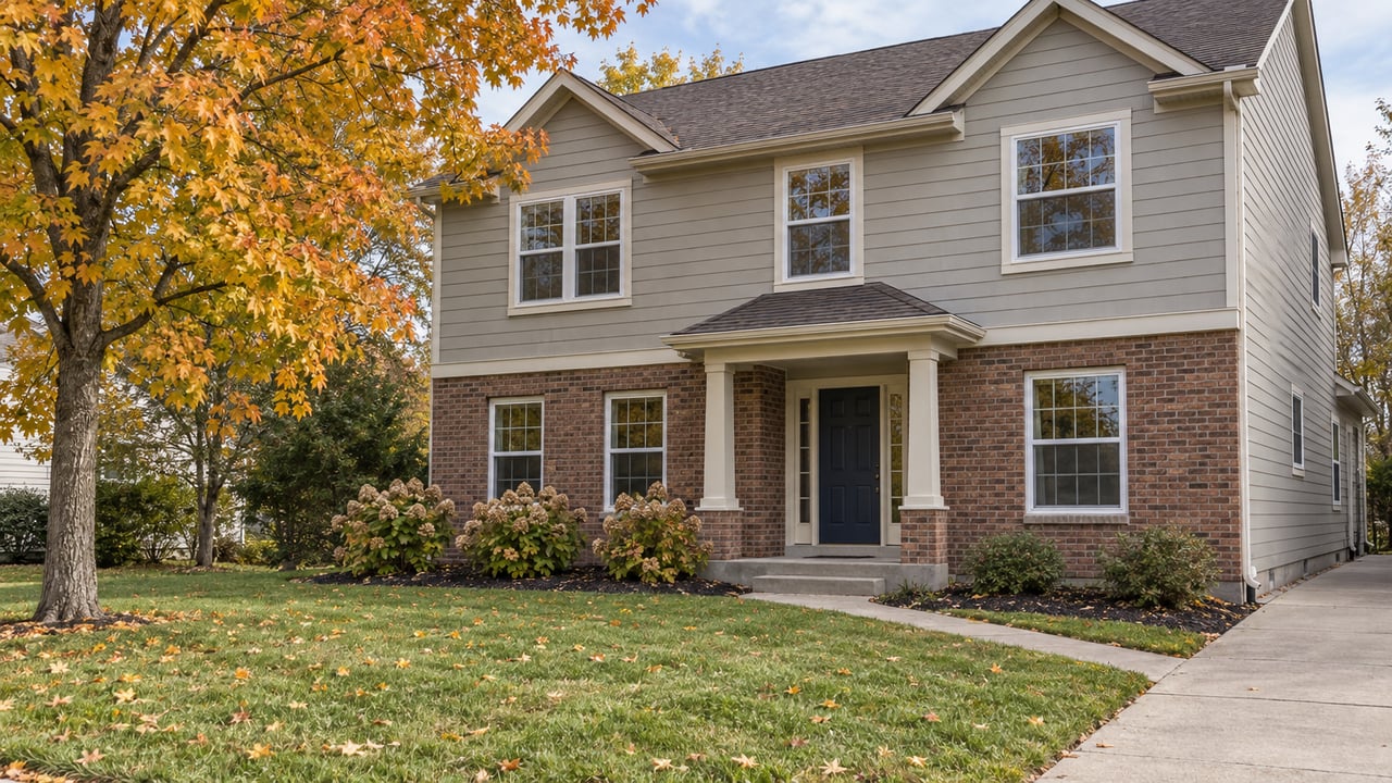 Autumn light on a two-story gray-sided house with brick accents, a broad front lawn, and an orange-yellow sugar maple.