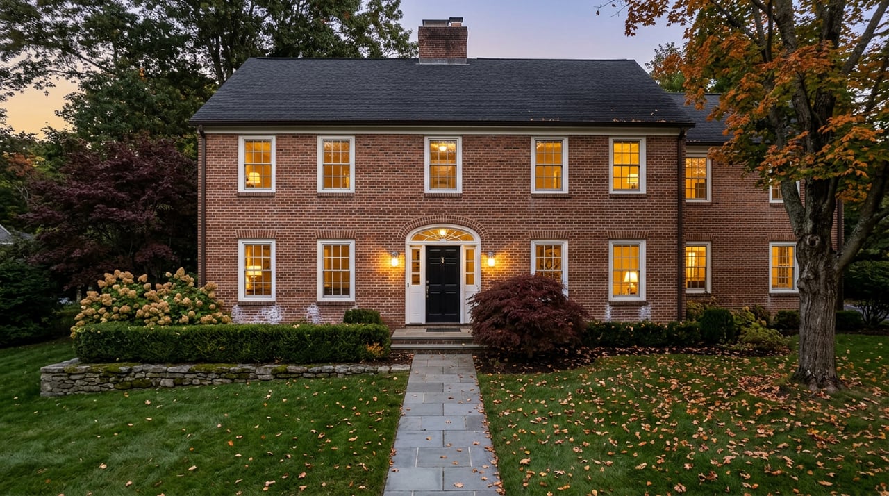 Two-story brick colonial with a black arched entry, glowing windows, clipped boxwood, and autumn trees at dusk.