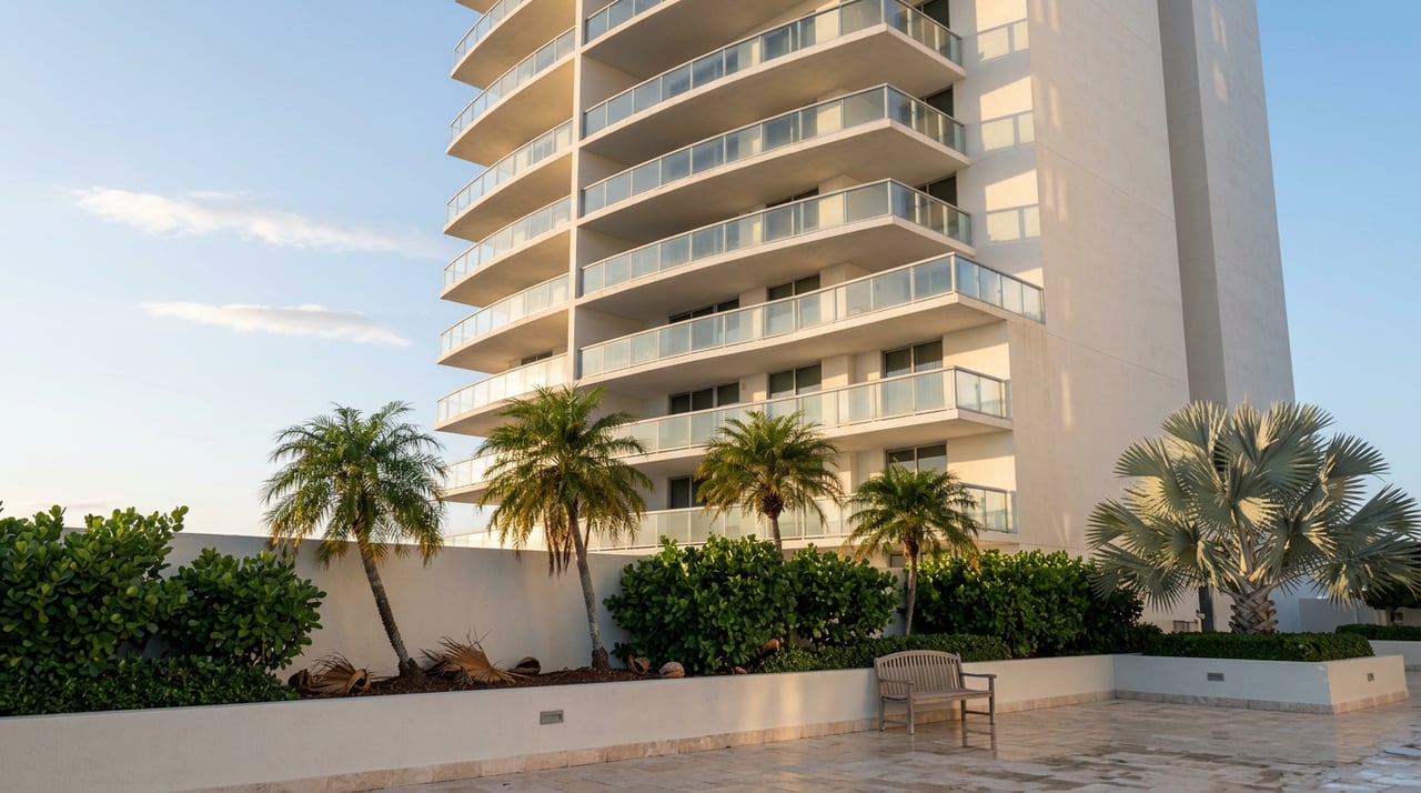 Waterfront condominium tower with curved glass balconies rising behind a palm-lined travertine deck.