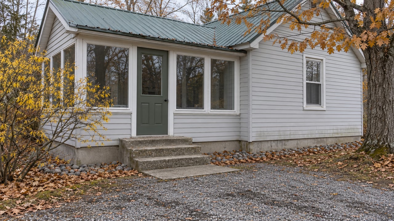 Modest gray cottage with a green metal roof, enclosed porch and gravel approach beneath sparse autumn maple branches.