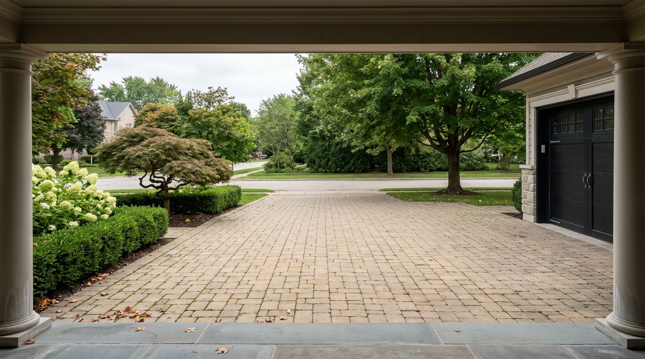 Paver motor court framed by a stone portico, with a black garage door, clipped hedges, hydrangeas, and maple trees.