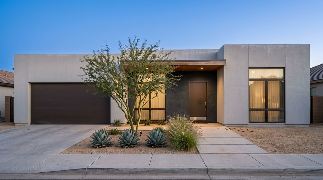 Modern desert home with warm glowing windows, bronze garage door, agaves, and a sculptural multi-trunk tree at dusk.
