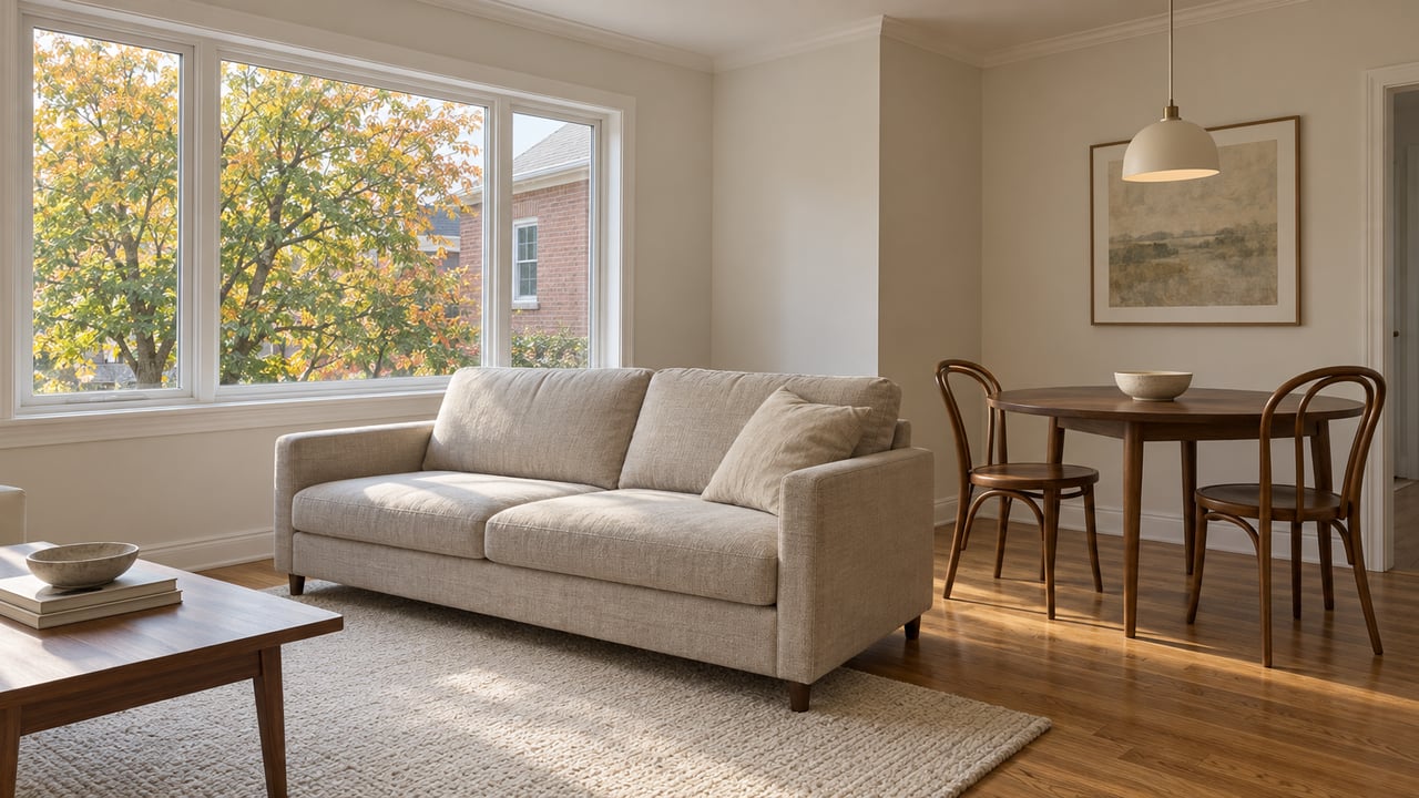 Light-filled living and dining room with oak flooring, an oatmeal sofa, walnut dining furniture and autumn leaves beyond a closed window.