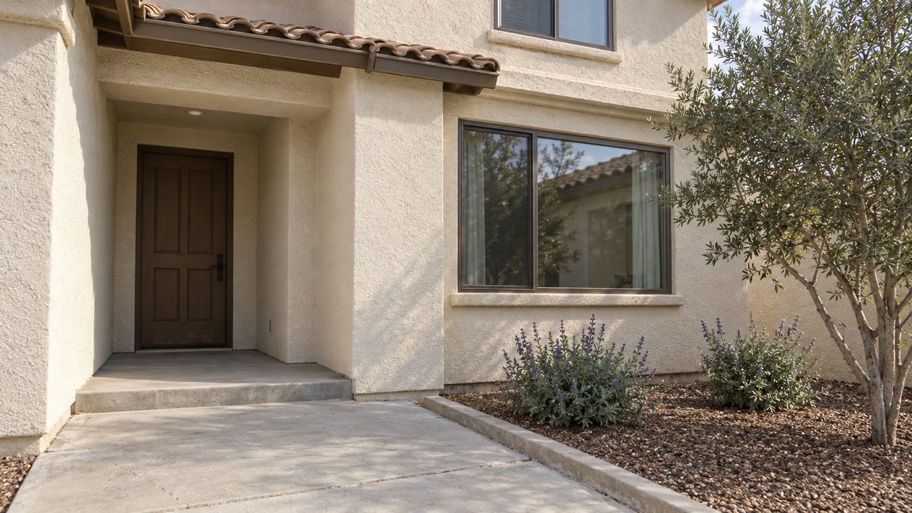Ivory stucco home with a recessed brown front door, bronze-framed windows and a concrete approach beside an olive tree and two sage plants.