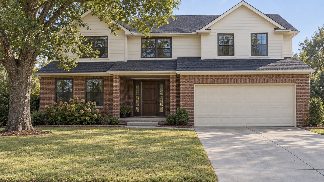 Two-story brick and ivory-sided home behind a deep front lawn, with an attached garage, mature oak and bordered planting beds.