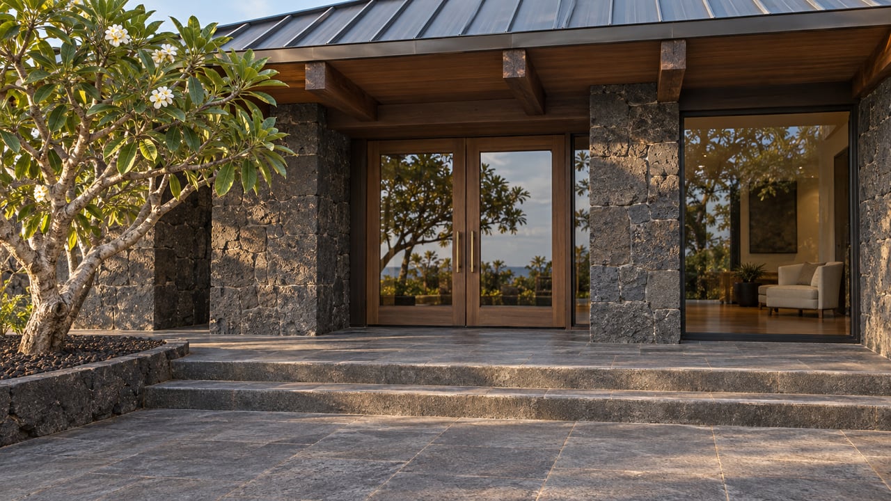 A timber-and-basalt home entrance in warm afternoon light, with broad stone steps and a sculptural flowering tree.