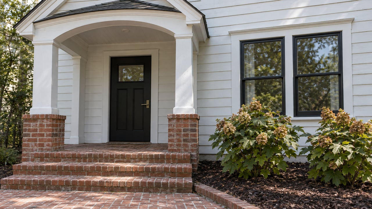 White clapboard home with an arched porch, black front door, black-framed window and weathered red-brick steps beside oakleaf hydrangeas.