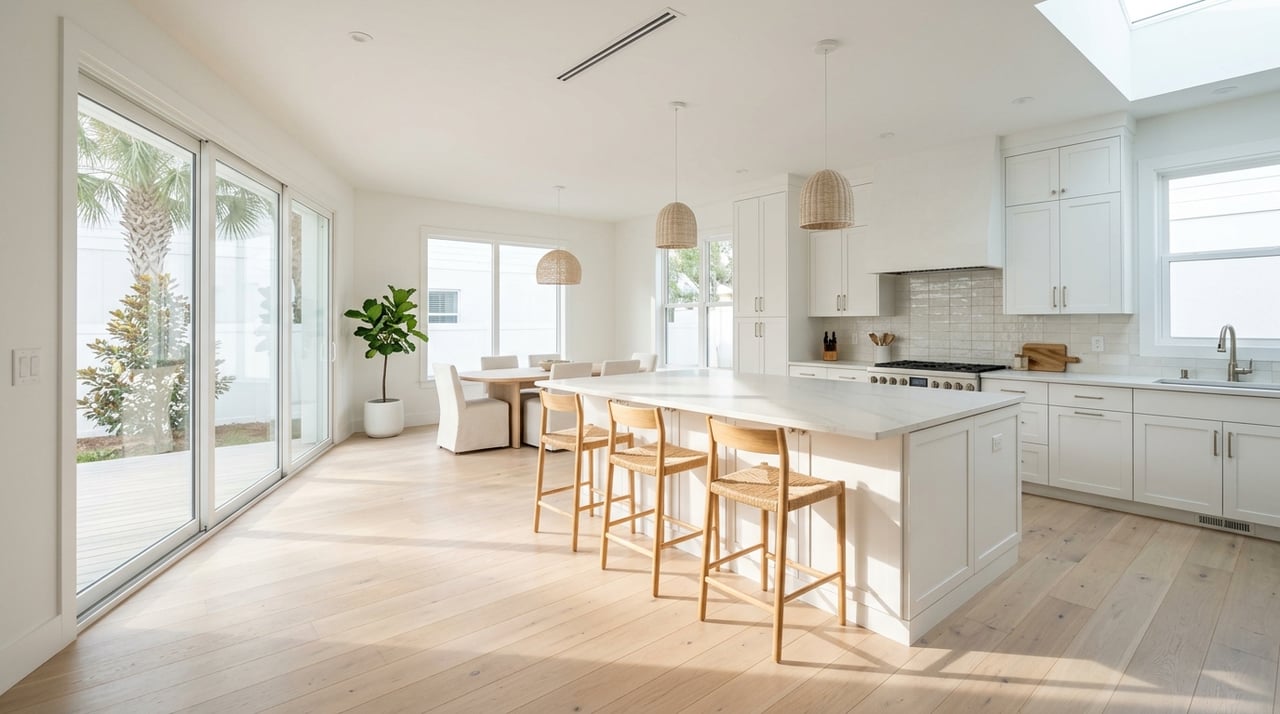Open-plan kitchen with an island, zellige tile, white oak cabinetry, and garden views through glass.