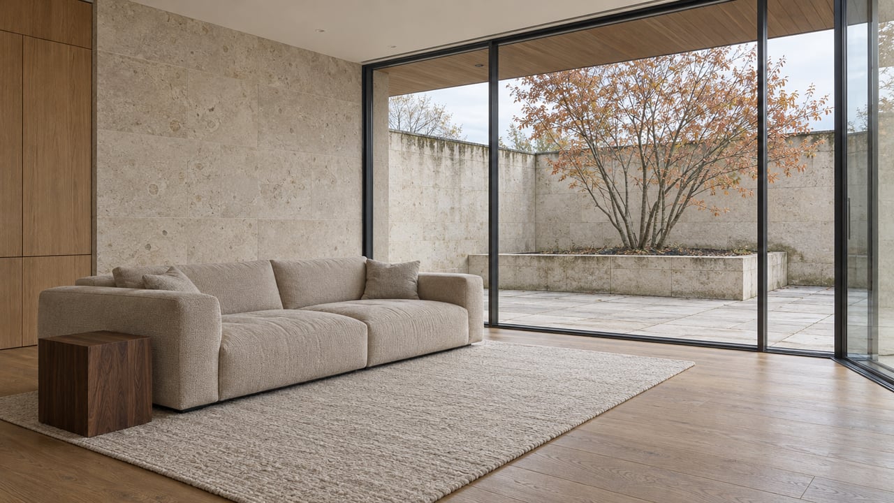 Contemporary living room with oak floors, a wool sofa and limestone walls overlooking a private terrace and a copper-leaved tree.