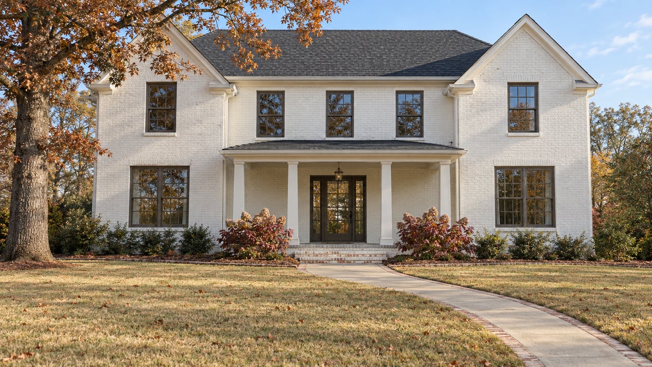 Warm-white brick home behind a deep golden lawn, with bronze windows, a covered entry and an oak carrying russet leaves.