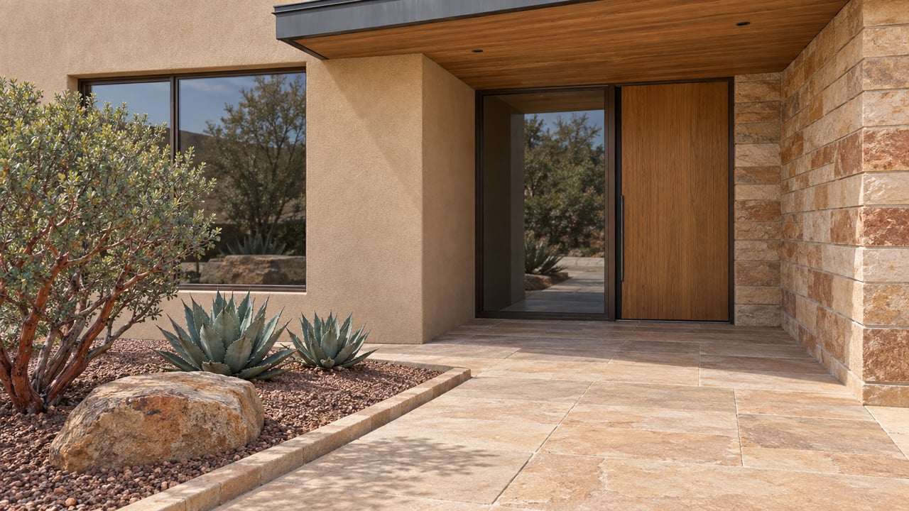 Recessed entry of a contemporary desert home with sandstone paving, bronze-framed glass, warm stucco and sculptural desert plants.