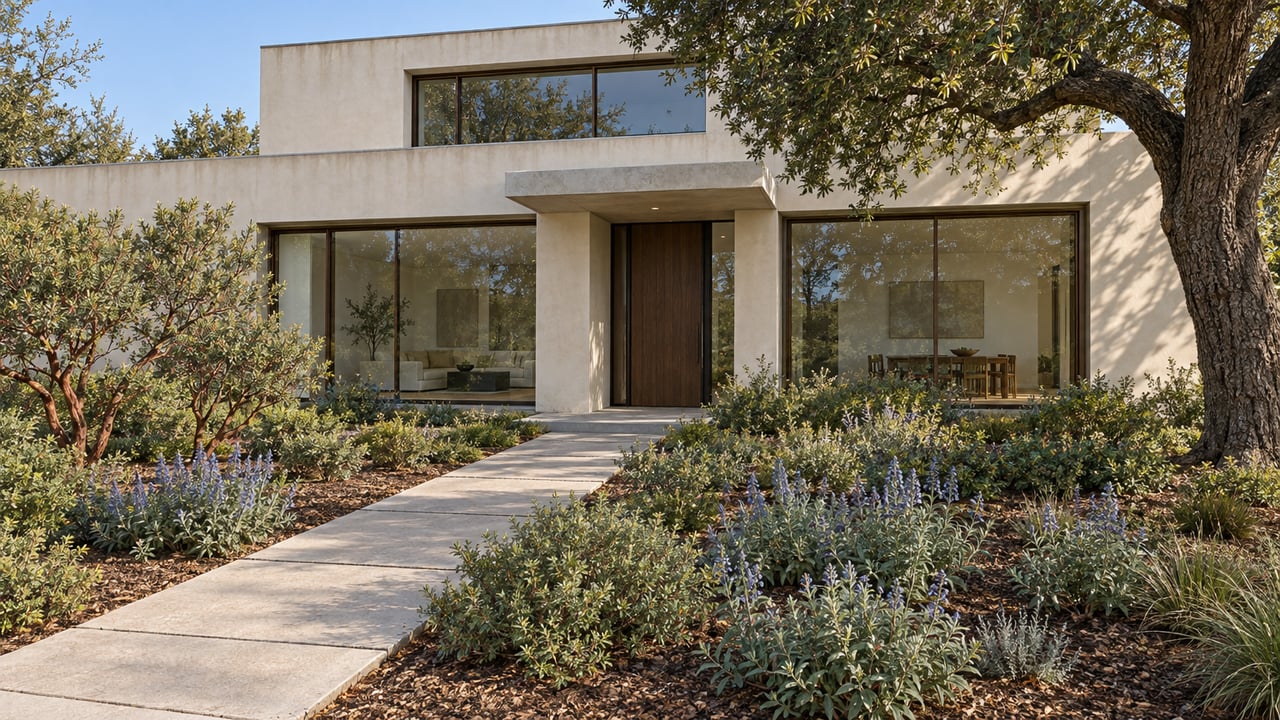 Contemporary ivory stucco home beyond a deep planted front garden, with bronze-framed glazing and a mature branching oak.