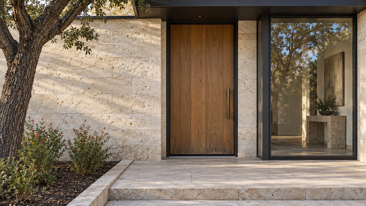 Modern home entrance with a tall wooden door, pale stone facade, and mature tree.