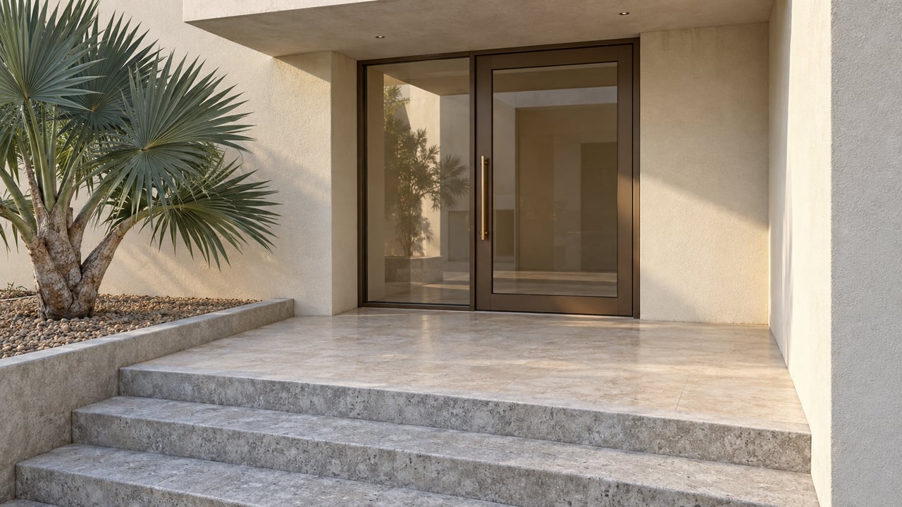 Cream-stucco condominium entrance with bronze-framed glazing, pale stone landing, broad concrete steps and a sculptural fan aloe.
