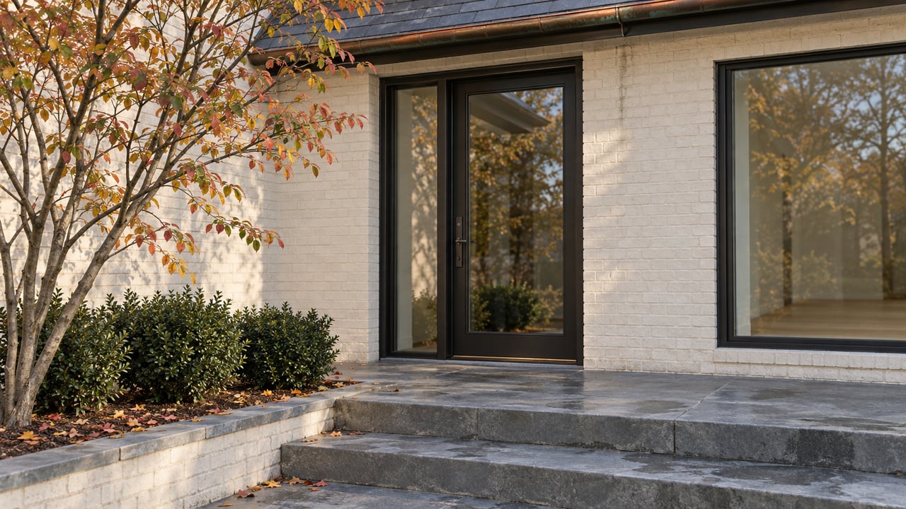 Cream-brick home entrance with black-framed glass door, broad bluestone steps, and a small planted bed.