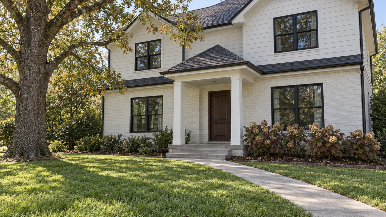 Painted-brick and white-sided gabled home behind a deep lawn, with a covered entry, black-framed windows and a mature white oak.