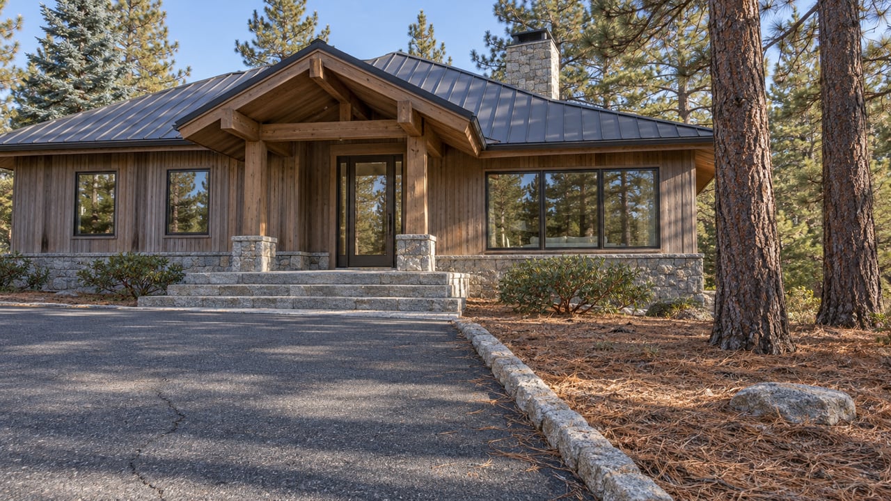 Timber and granite home beside mature pines, with a broad stone entry and clear late-autumn morning light.