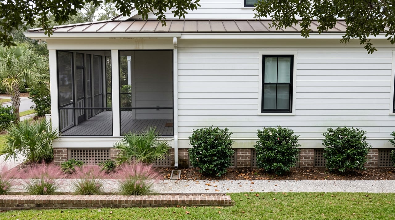 White cottage siding and screened porch beside a brick garden wall, with flowering grasses along the path.