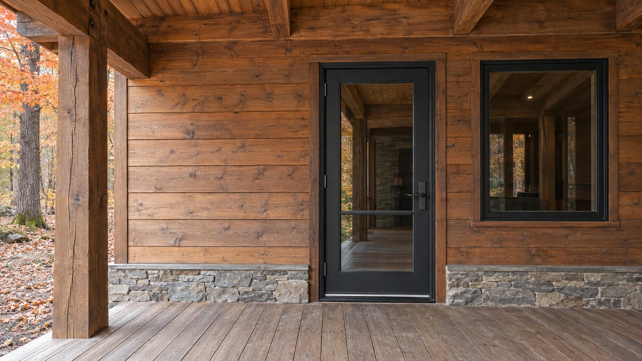 Weathered cedar cabin entry with a glazed black door, timber porch beams and autumn maple foliage at the edge.