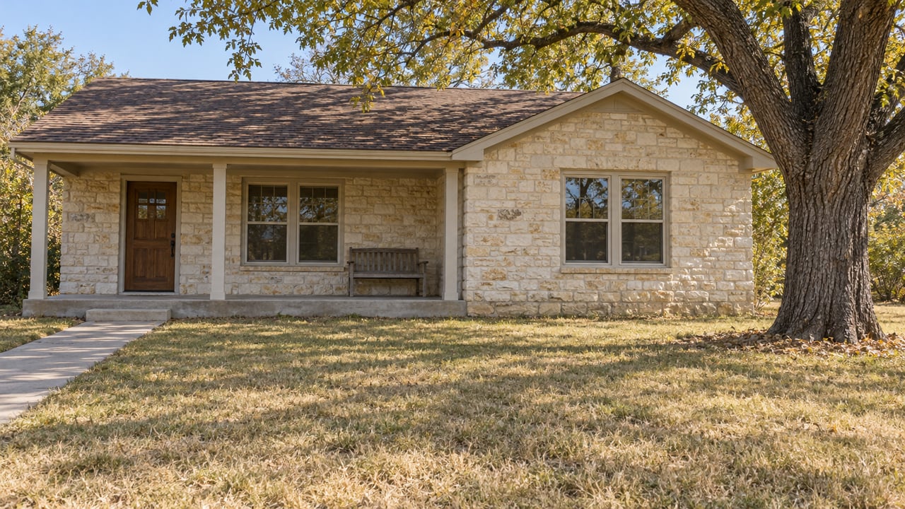 A modest limestone home with a shaded front porch beyond a dry autumn lawn and a mature pecan tree.