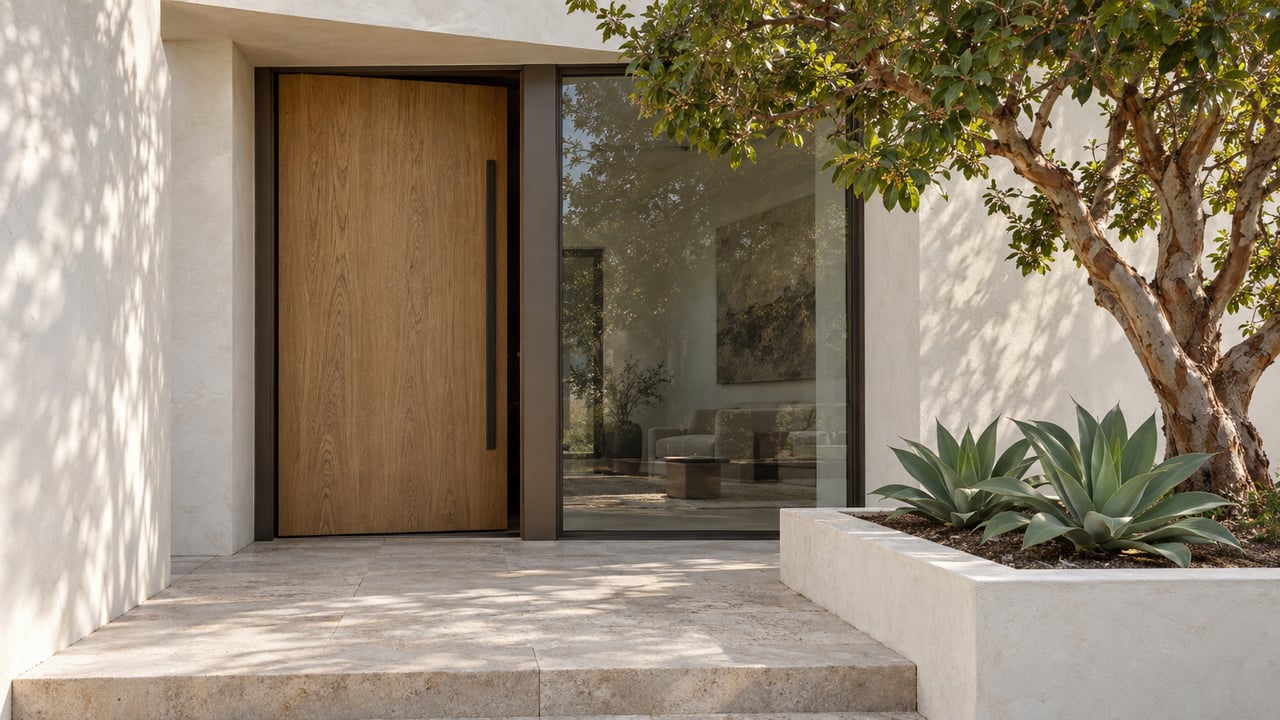 Recessed oak entry beside a dark-framed window, with an arbutus tree and agave in a plaster planter.