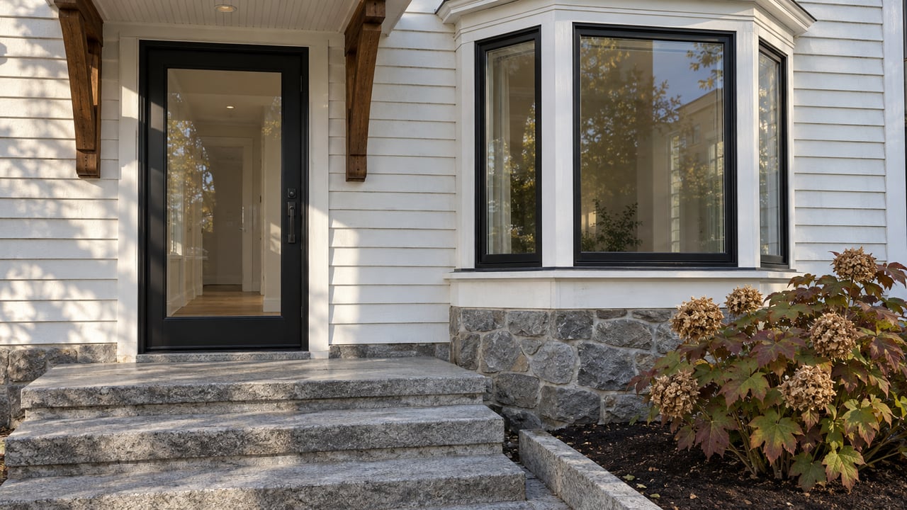 Morning light on a white clapboard home's black-framed entry and bay window, with granite steps and a burgundy-leaved oakleaf hydrangea.