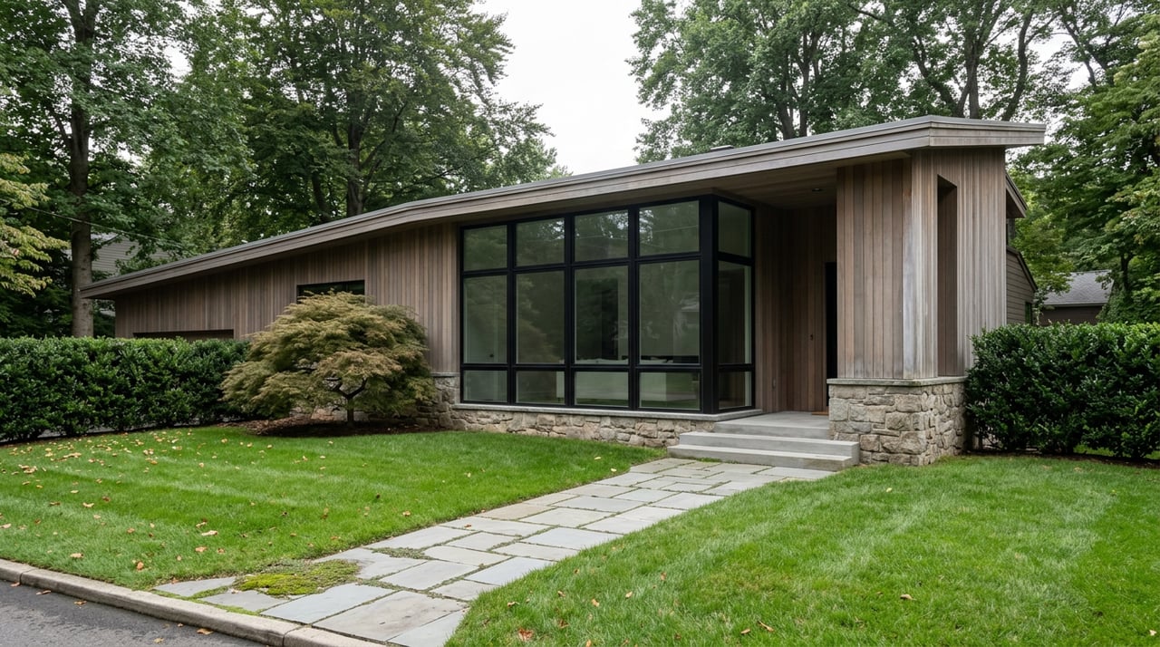 Contemporary cedar-and-stone home with black-framed glazing, a curved bluestone path, and a sculptural Japanese maple.