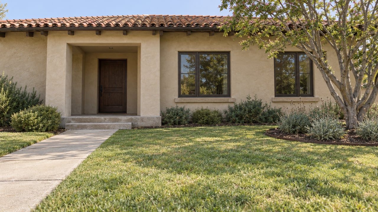 Sand-colored stucco home with a red clay tile roof, recessed oak entry, deep lawn and a western redbud beside the concrete approach.