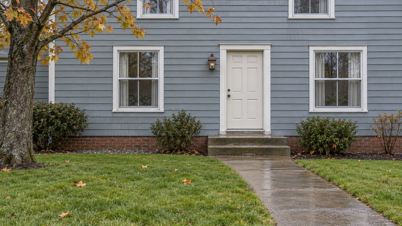 Gray-blue clapboard home with red-brown brick foundation, white front door and damp concrete path beneath autumn maple branches.