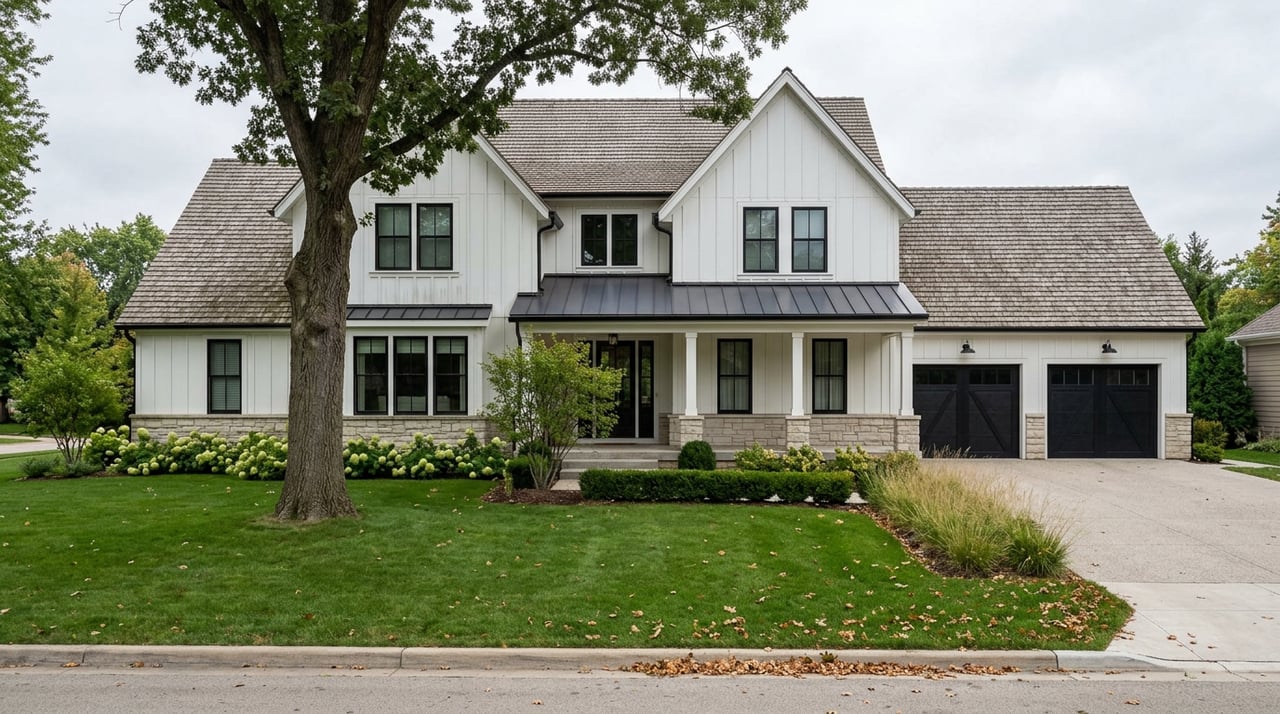 Two-story white farmhouse with a stone-clad lower story, covered porch, three-car garage, and broad lawn beneath a mature oak.