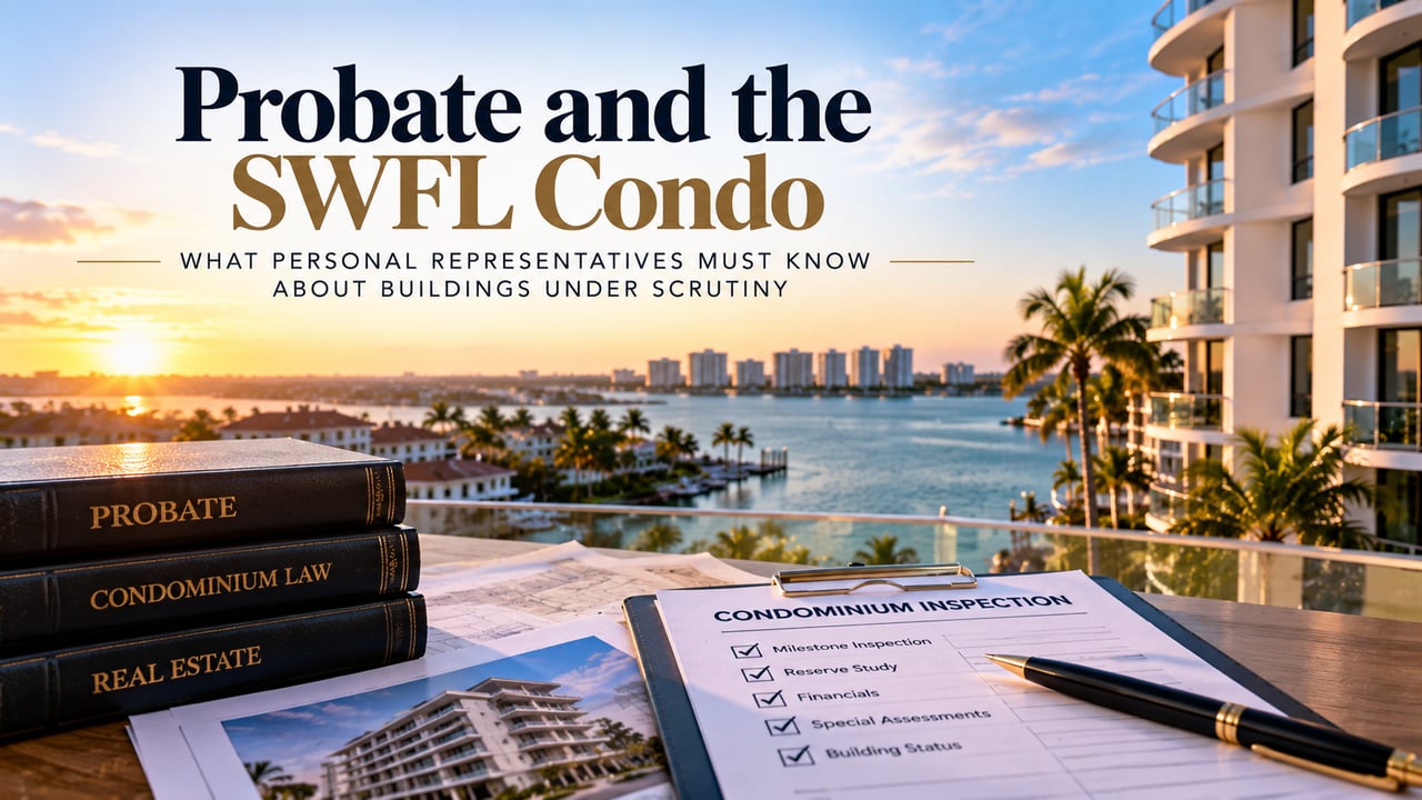 Southwest Florida waterfront condo with probate and condominium documents highlighting milestone inspections, reserve studies, special assessments, and building due diligence for personal representatives managing an inherited condo.