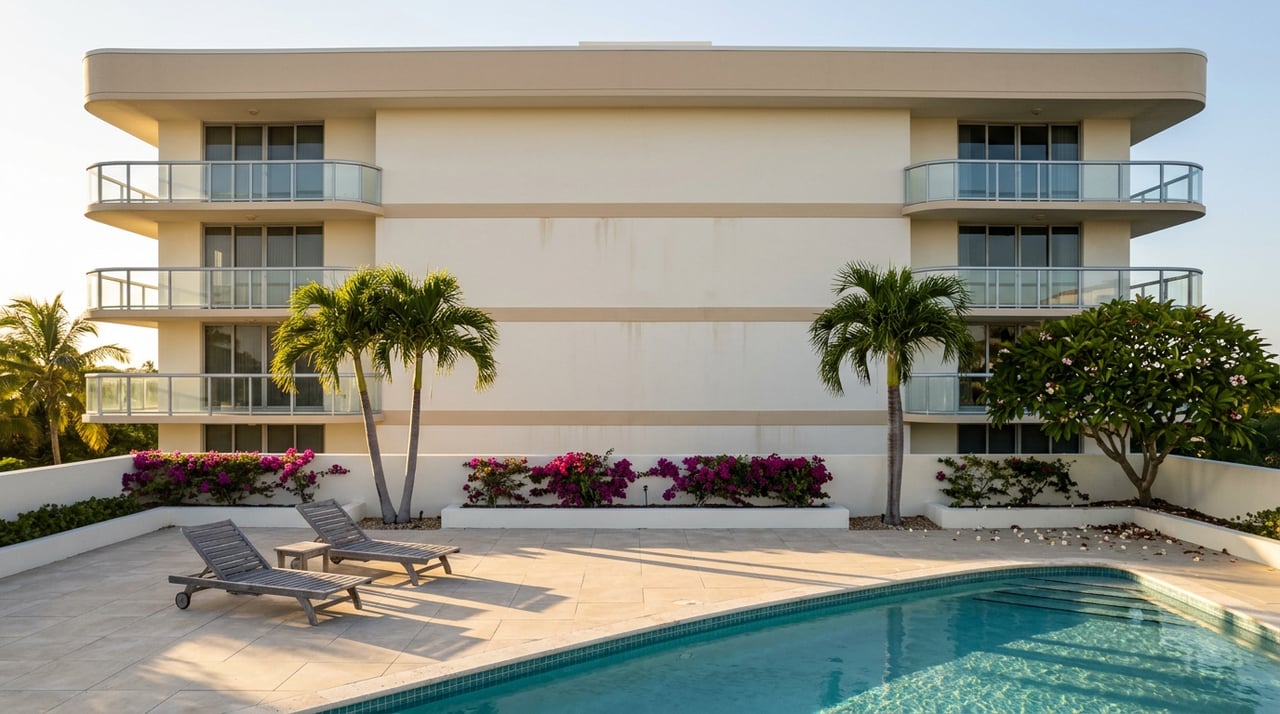 Turquoise infinity pool beneath a white condominium tower, flanked by palms and magenta bougainvillea.