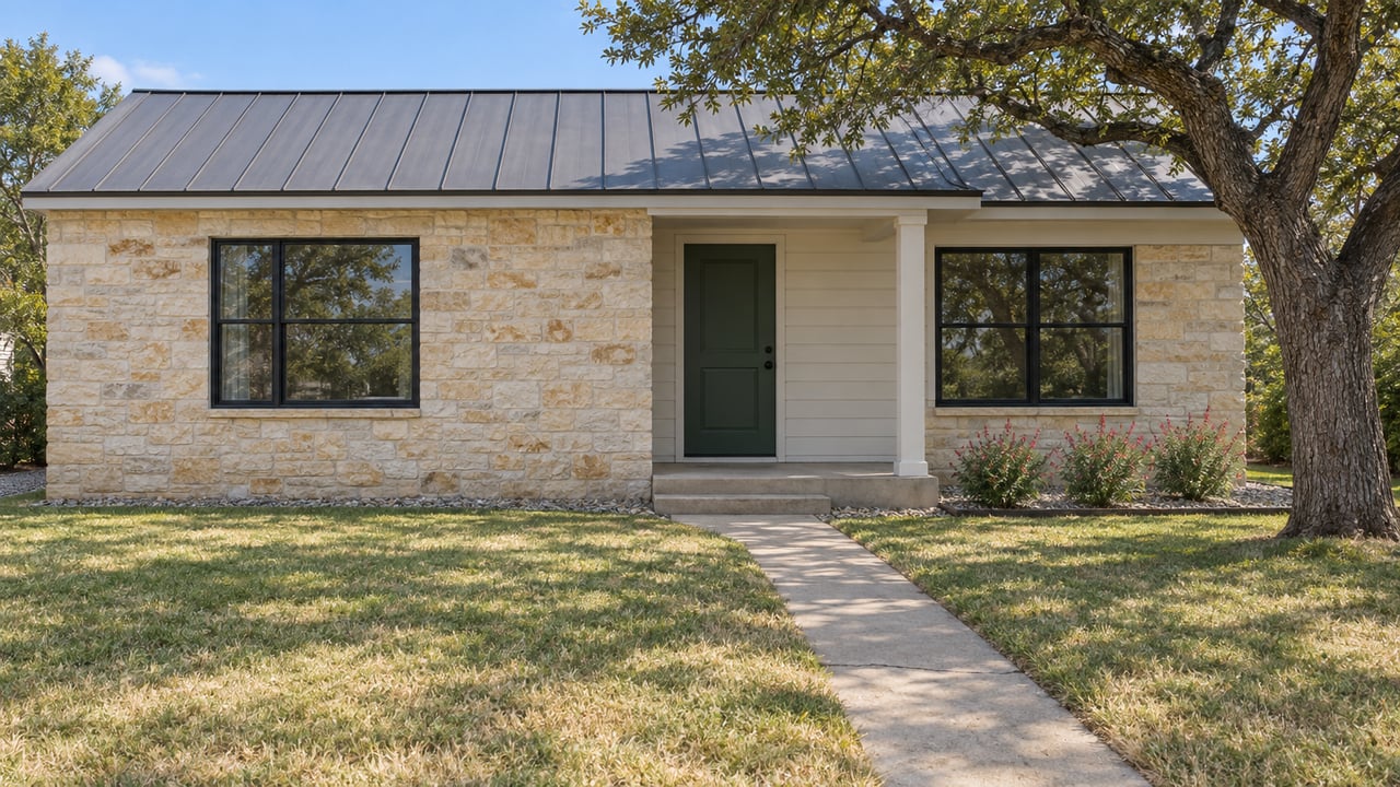 A modest limestone and white-sided cottage with a dark metal roof, deep front lawn, concrete walk, and mature spreading oak.