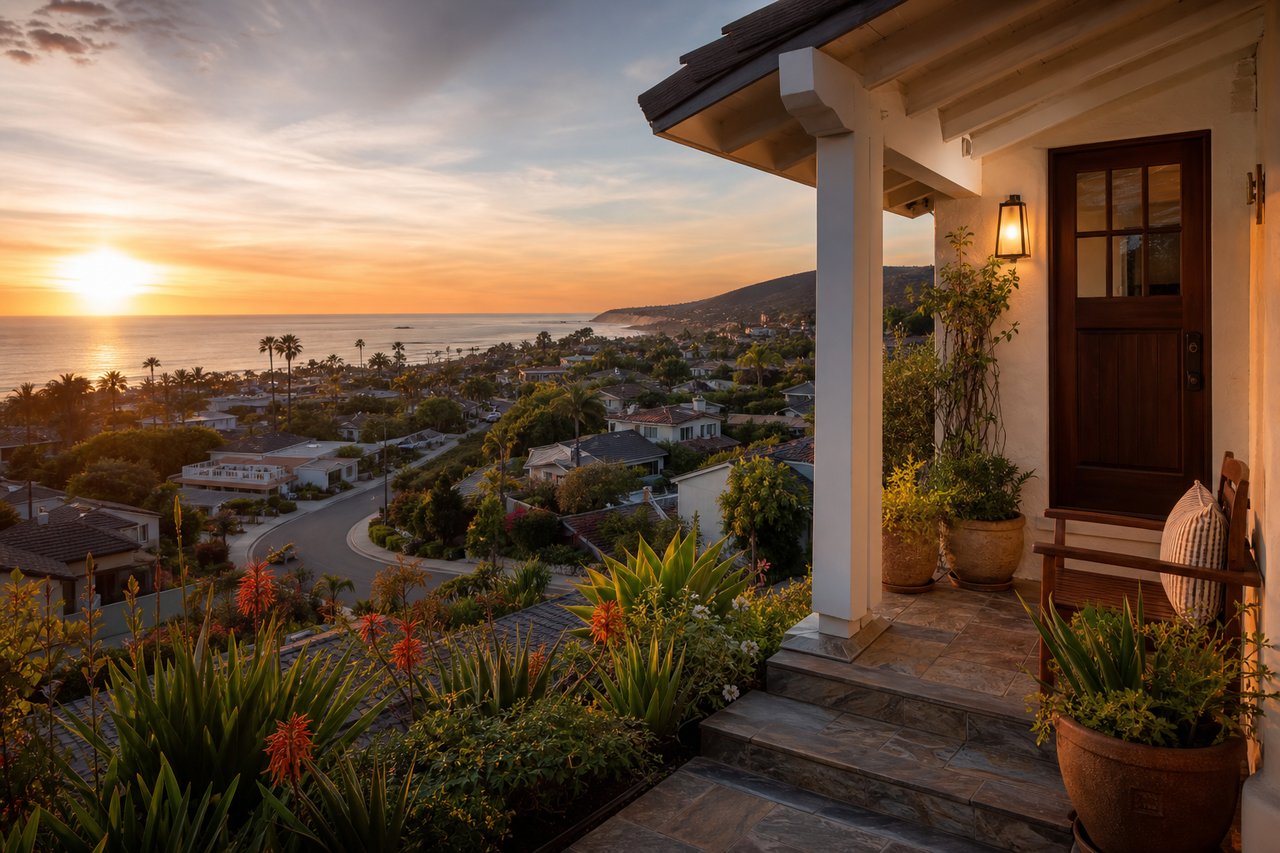 AI-generated illustration of a South Orange County coastal home with an ocean view at sunset.