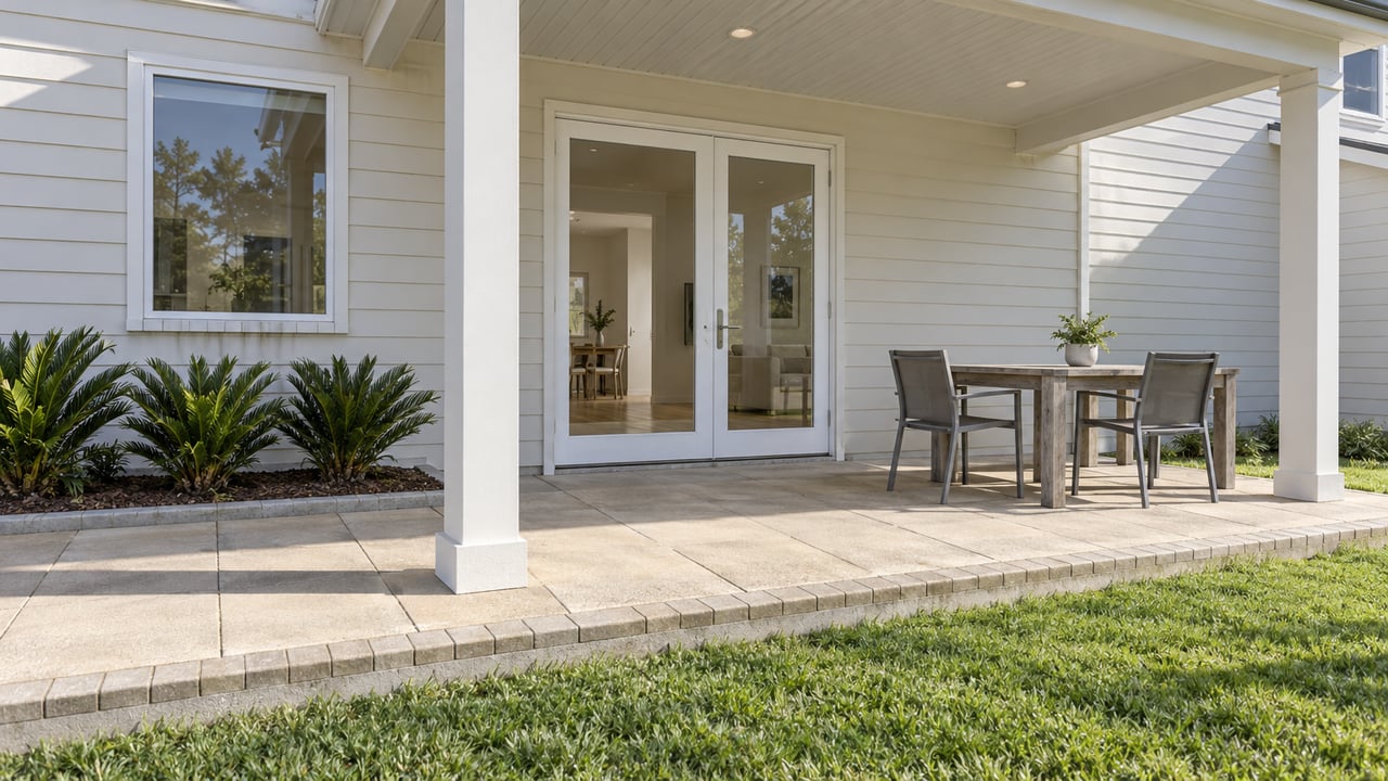 White-sided home's covered rear patio with teak dining furniture, glazed doors and a small green lawn.