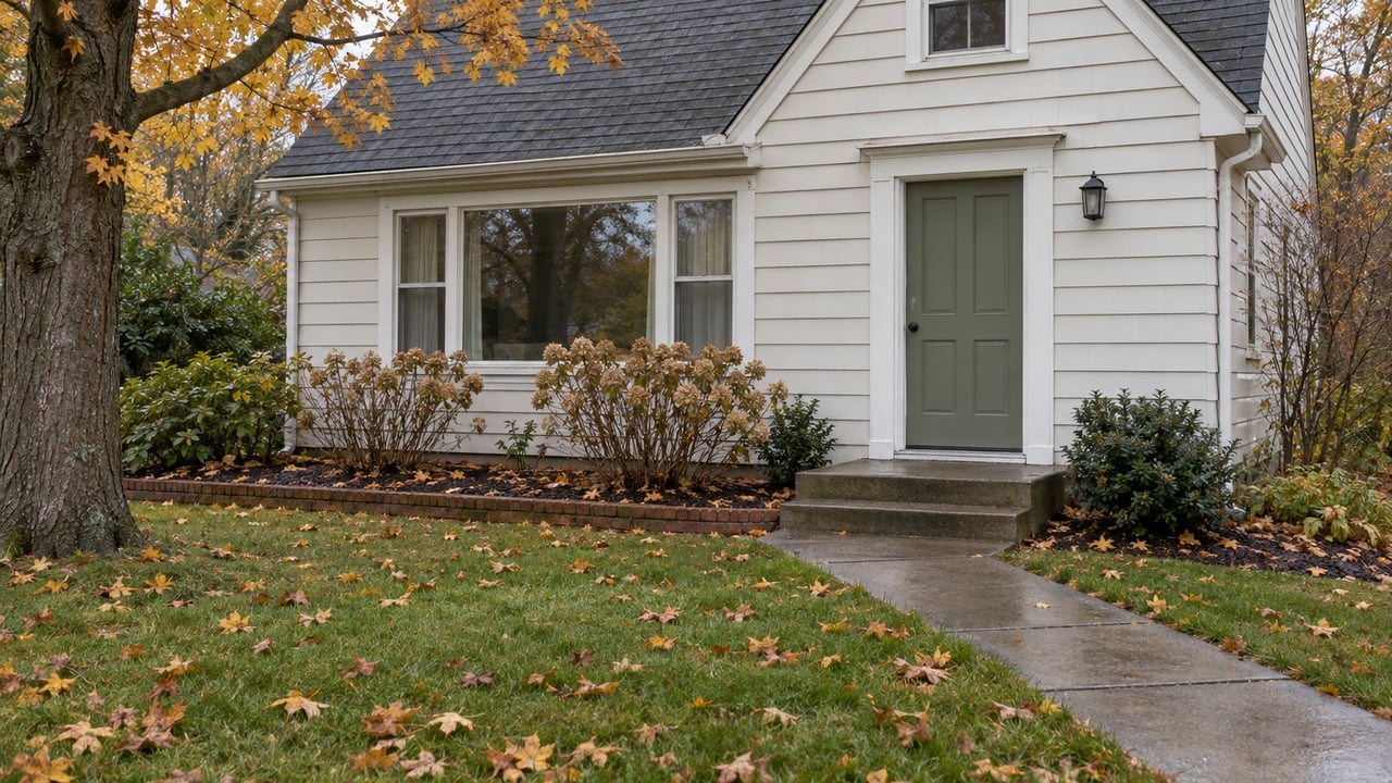 An off-white cottage with a sage door, damp concrete front walk, and amber maple leaves across its autumn lawn.
